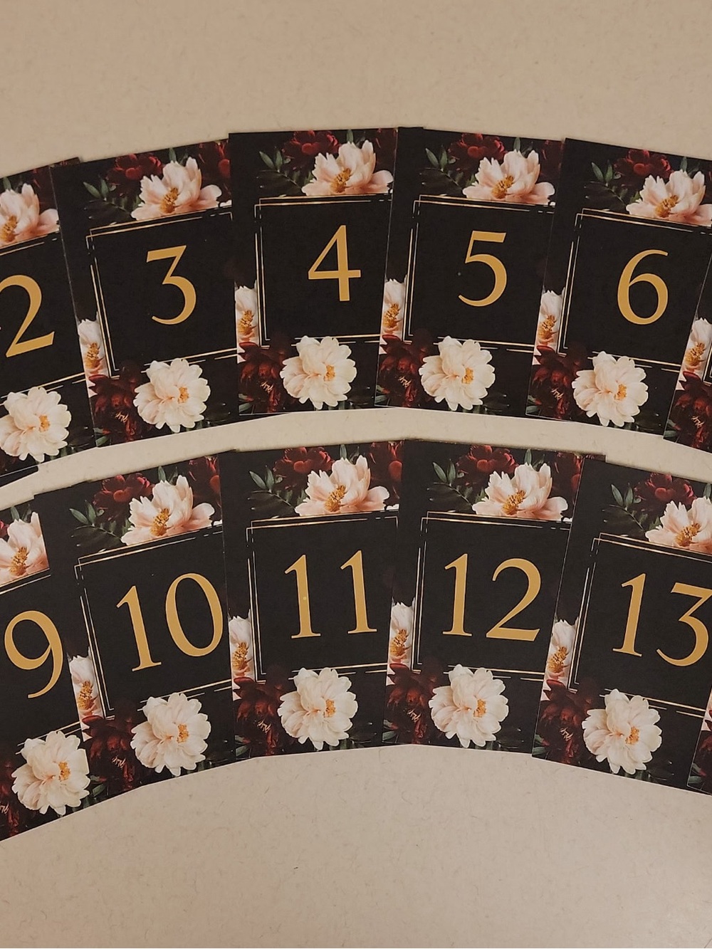 Floral Black, Burgandy, Blush & Gold Table Number Cards - Elegant Set of 1-14
